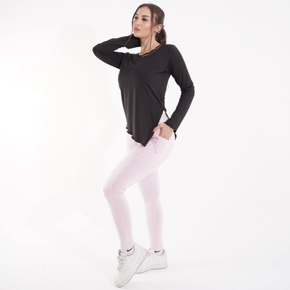 طقم جيم حريمي: تيشرت كم طويل وليجن هاي ويست لليوجا والجيم – TO1-N9